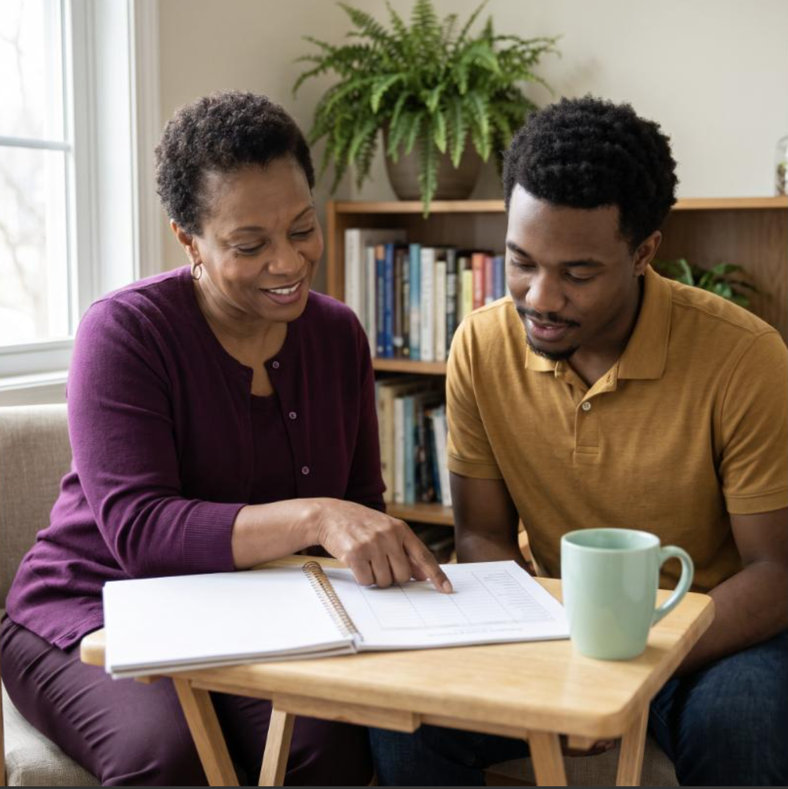 A woman and a man sitting at a small wooden table looking at a planner or notebook. The woman is pointing at something in the notebook. There is a green mug on the table and a bookshelf with books and a potted plant in the background.