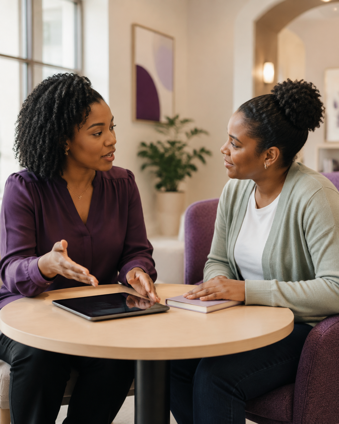Two women having a conversation at a round table in a cozy room with a window, a potted plant, and abstract wall art.