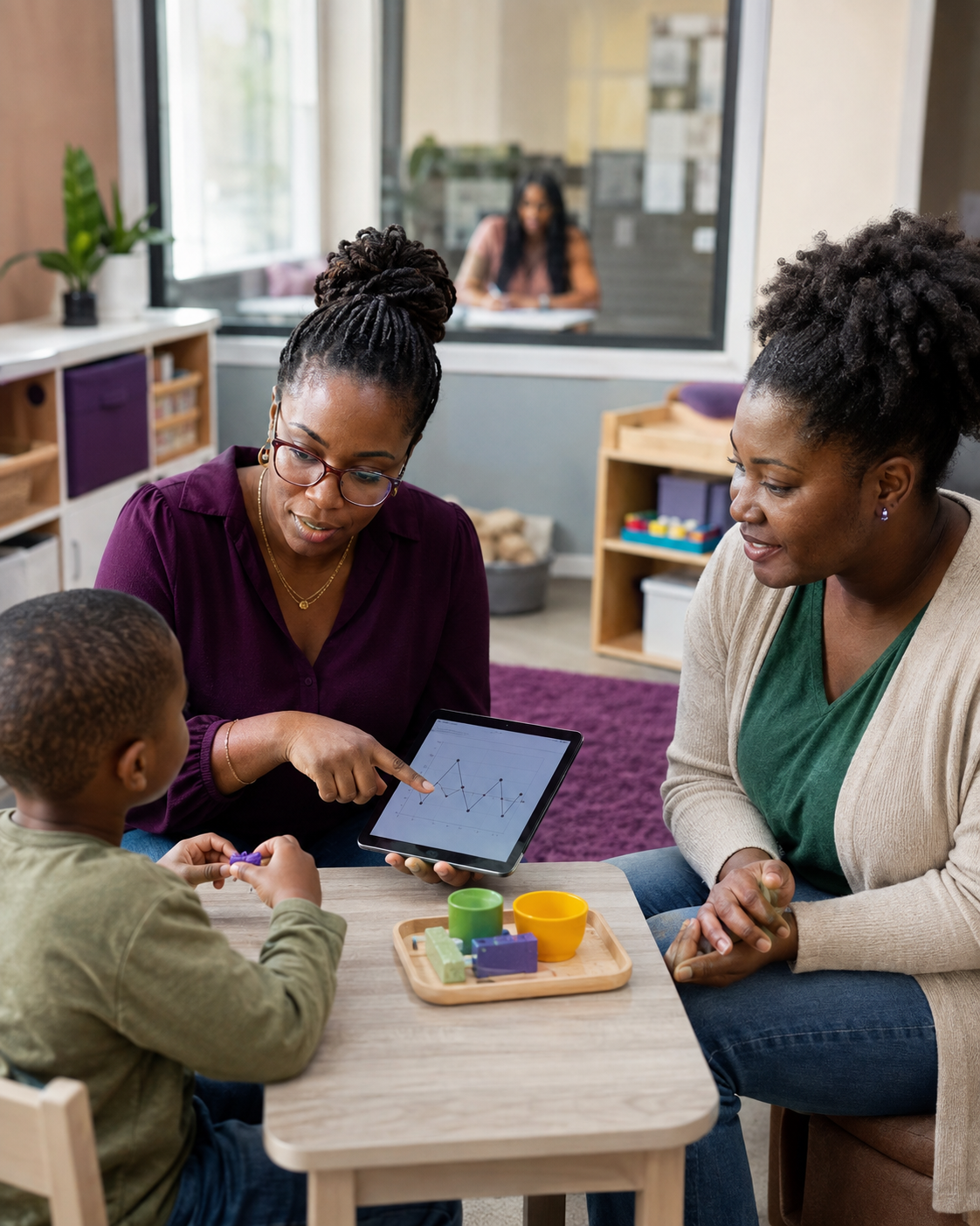 Two women and a young boy sitting at a table in a classroom, looking at a tablet displaying a line graph. The women are engaging with the boy, who is demonstrating a small object. There are colorful educational toys on the table.