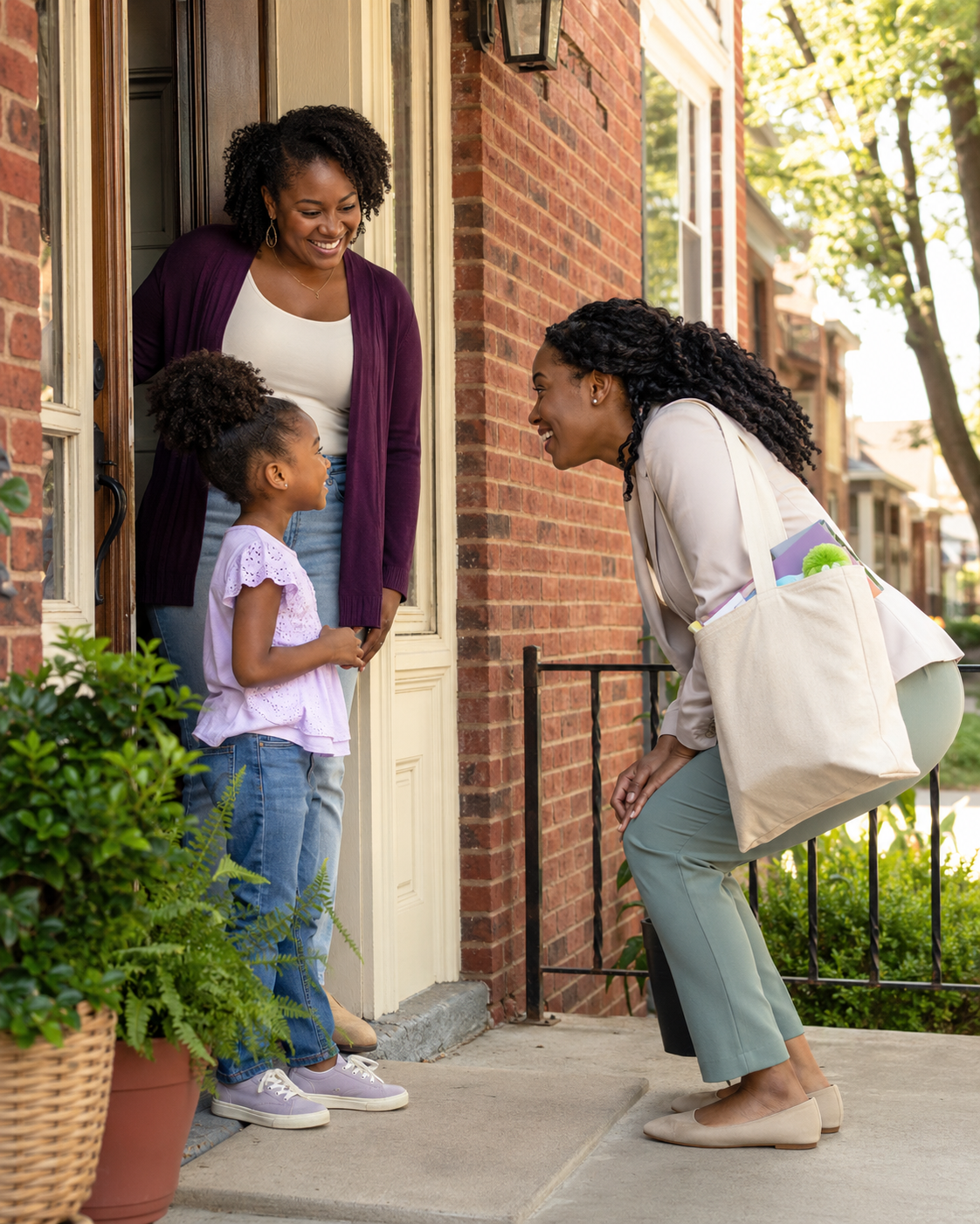A woman kneeling on the sidewalk, smiling and talking to a young girl at her doorstep. Another woman stands inside the doorway, smiling. The scene takes place outside a brick house with greenery around.