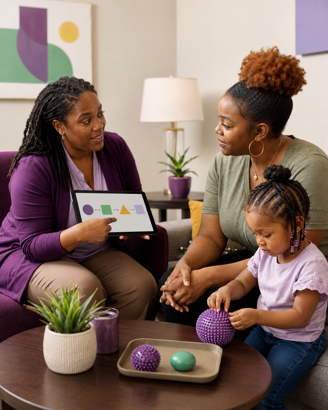 Two women and a girl in a living room, with one woman holding a tablet showing shapes and the girl holding a textured purple ball on a table.