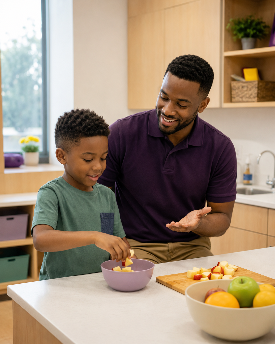 A father and son smiling and preparing sliced apples together in a kitchen, with a bowl of apples and a cutting board on the counter.