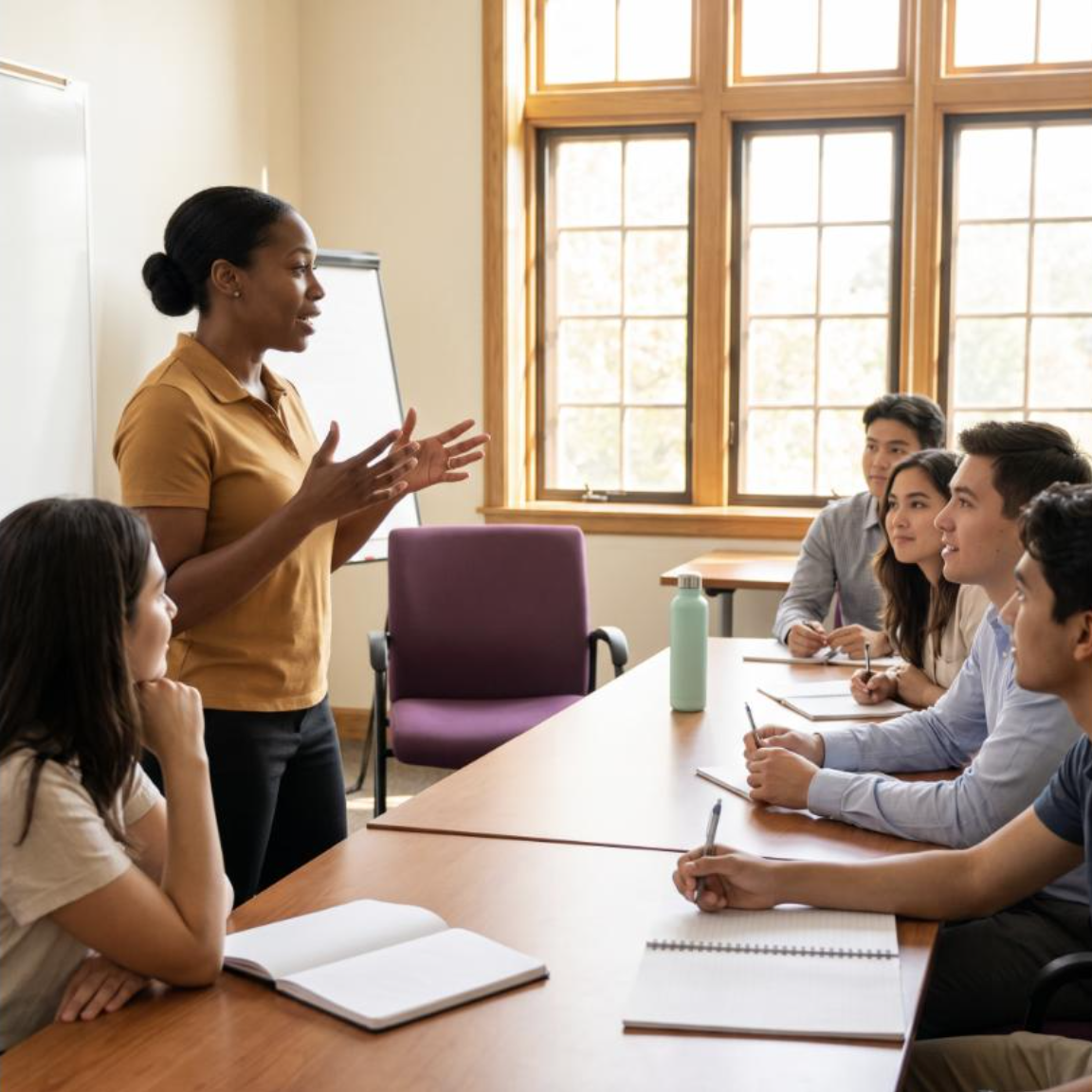 A woman standing and speaking to a group of young adults seated at a conference table in a bright room with large windows.