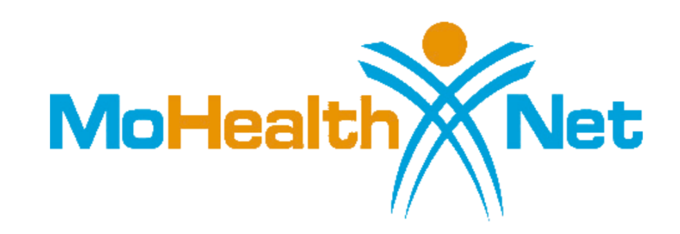 Logo for the Mohealthnet  featuring stylized blue and orange text with an abstract symbol of a person with raised arms, rays of light, and a circular sun or light source.