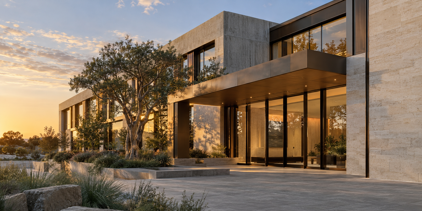 Modern house with large glass windows and stone facade, surrounded by landscaping, during sunset.