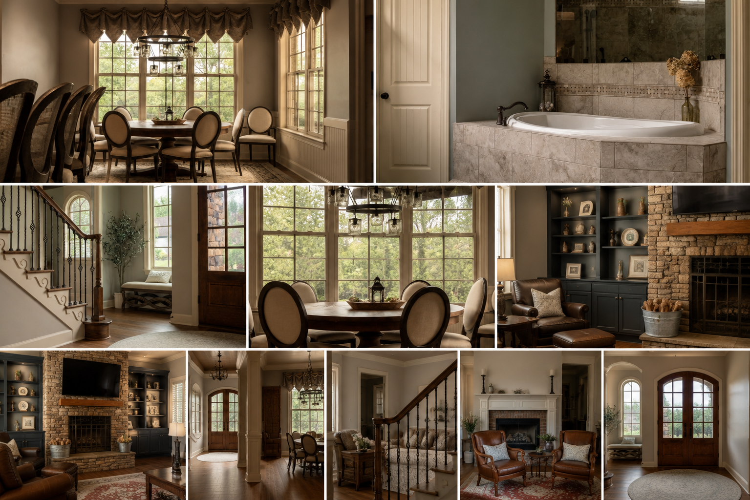 Collage of interior rooms including dining room with large windows and chandelier, bathroom with bathtub, living areas with fireplace, seating, and decorative shelves, and an entrance with glass doors.