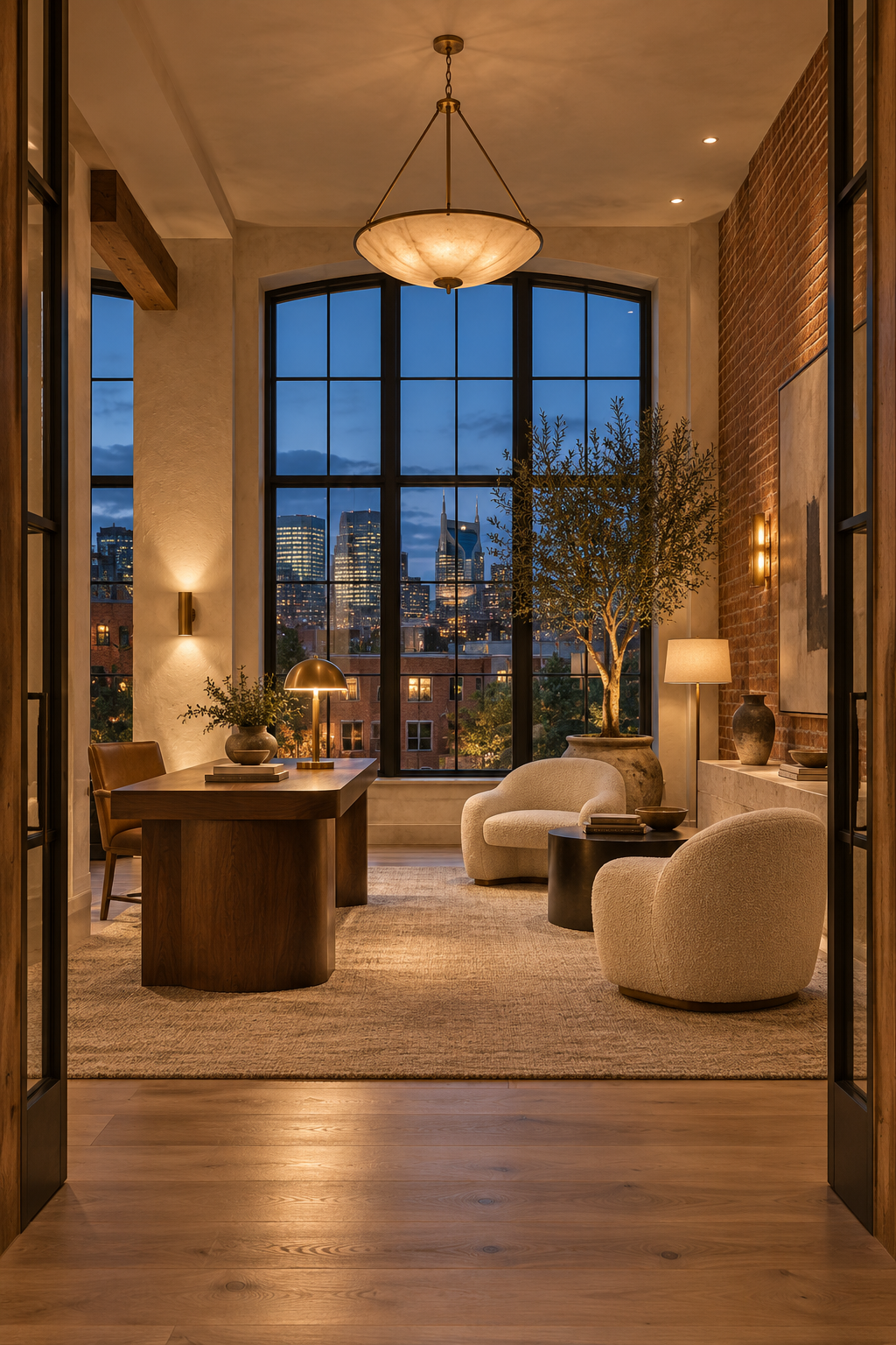 Interior of a warmly lit living or office space with large windows showing a city skyline at dusk, furnished with a wooden desk, two upholstered chairs, a potted tree, and various lamps and decorative items.