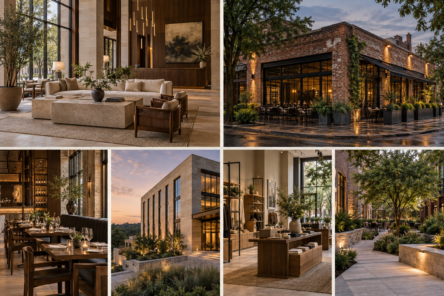 Collage of five images showcasing a modern upscale hotel. The images include a luxurious hotel lobby with beige and brown decor, a brick exterior restaurant patio with outdoor seating at dusk, an elegant dining area with wooden tables and wine glasses, a contemporary hotel building with large windows at sunset, and a boutique retail shop with clothing displays and interior decor.