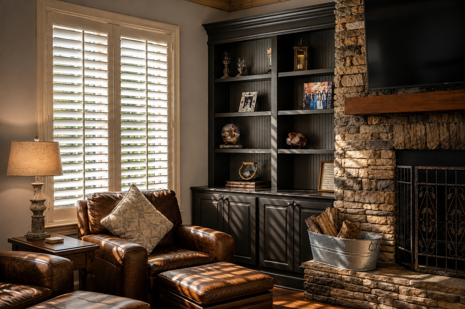 Cozy living room with a leather armchair, a side table with a lamp, a large window with white shutters, a dark bookshelf with decorative items and family photos, a stone fireplace with wood log holder, and a mounted TV.