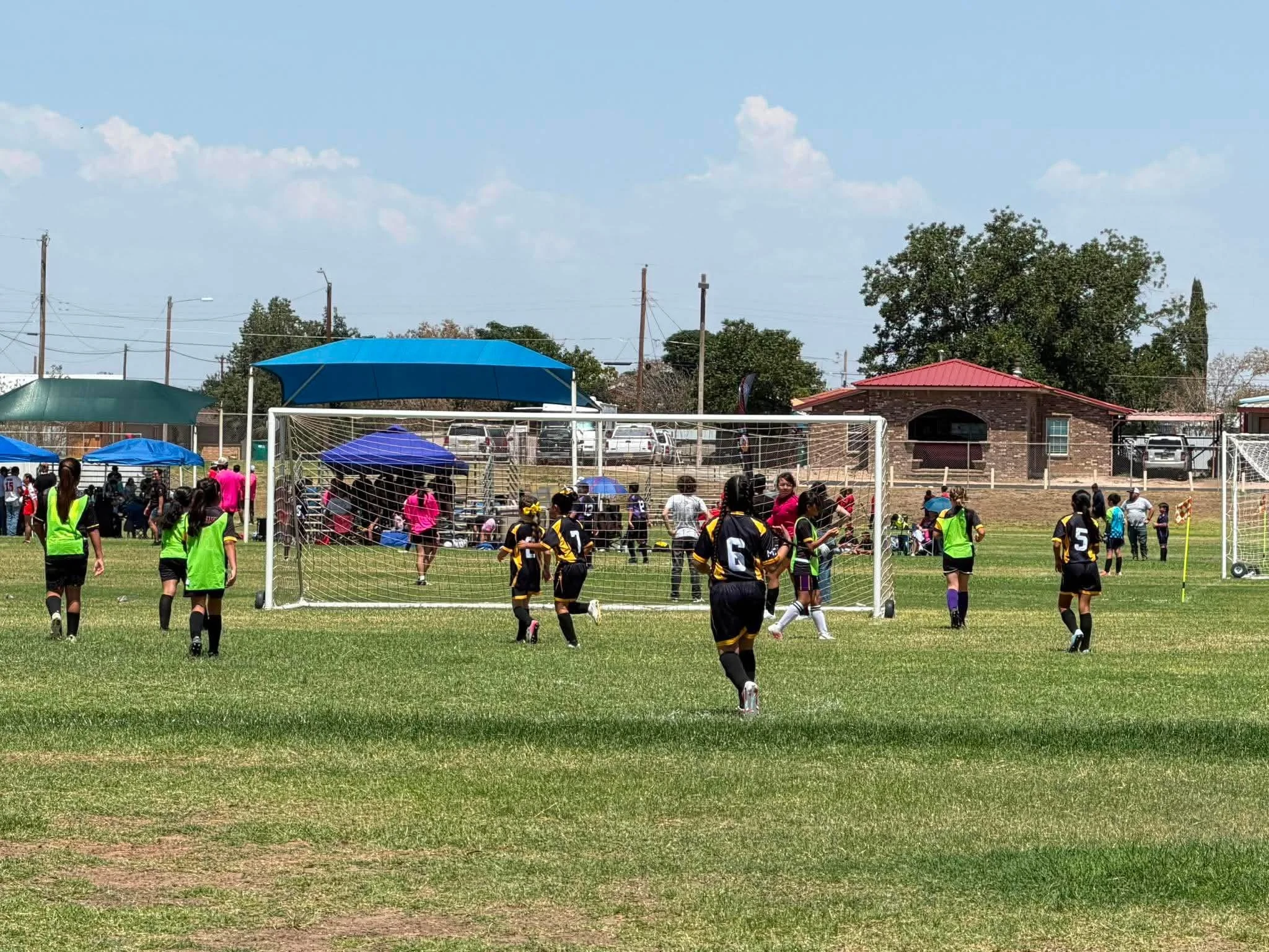 Children playing soccer on a field, some wearing black and yellow jerseys, while others wear green pinnies, under a partly cloudy sky with a building, trees, and power lines in the background.
