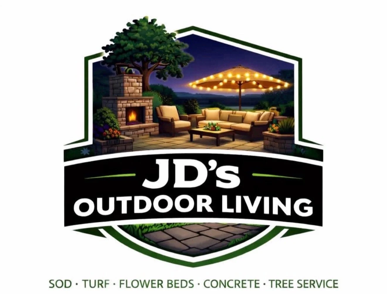 An outdoor living space with a fireplace, patio furniture under a string of lights, trees, and a scenic view at dusk, promoting JD's Outdoor Living with services like sod, turf, flower beds, concrete, and tree service.