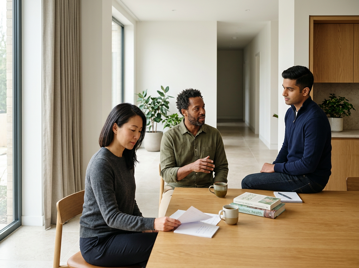 Three people having a discussion at a wooden table in a bright, modern room. A woman is looking at papers, a man with curly hair and a beard is speaking, and another man is listening while sitting on the table.