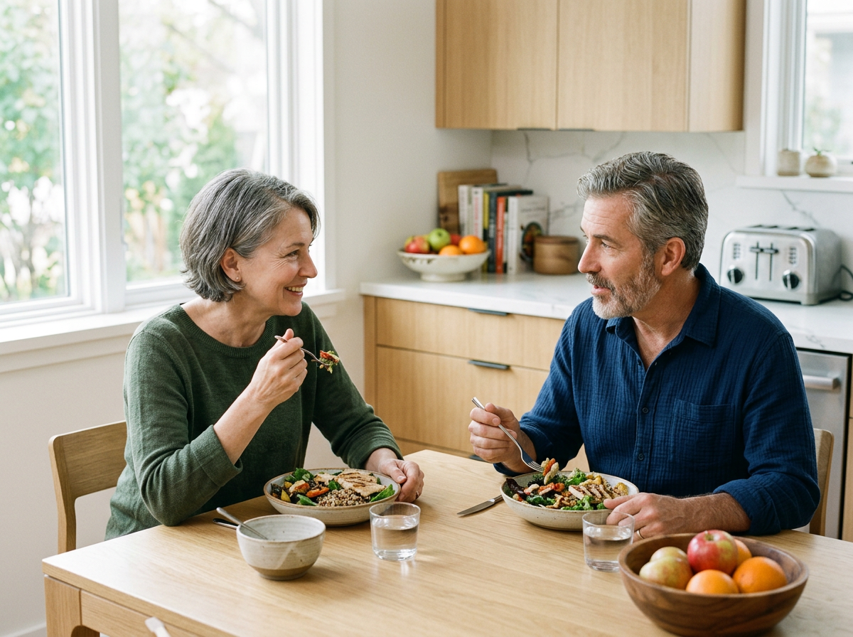 An elderly woman and a middle-aged man are sitting at a dining table, having a meal together in a bright kitchen with large windows. They are smiling and looking at each other, each with a bowl of food. There are glasses of water, a bowl of apples and oranges, and a bookshelf in the background.