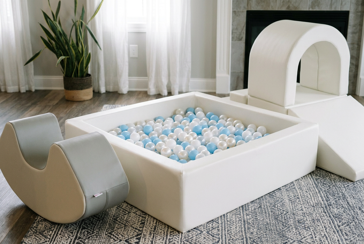 Child's indoor play area with ball pit filled with white and blue plastic balls, soft padded slide, and padding-covered climbing arch.