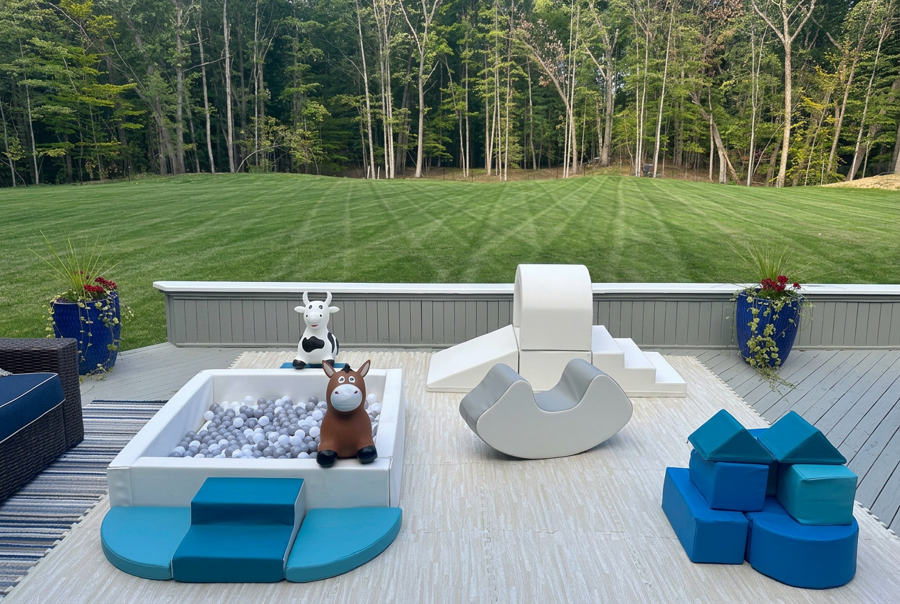 Backyard patio with children's toys, including a ball pit with cow and horse figurines, a white rocker, and blue blocks, overlooking a green lawn and wooded area.