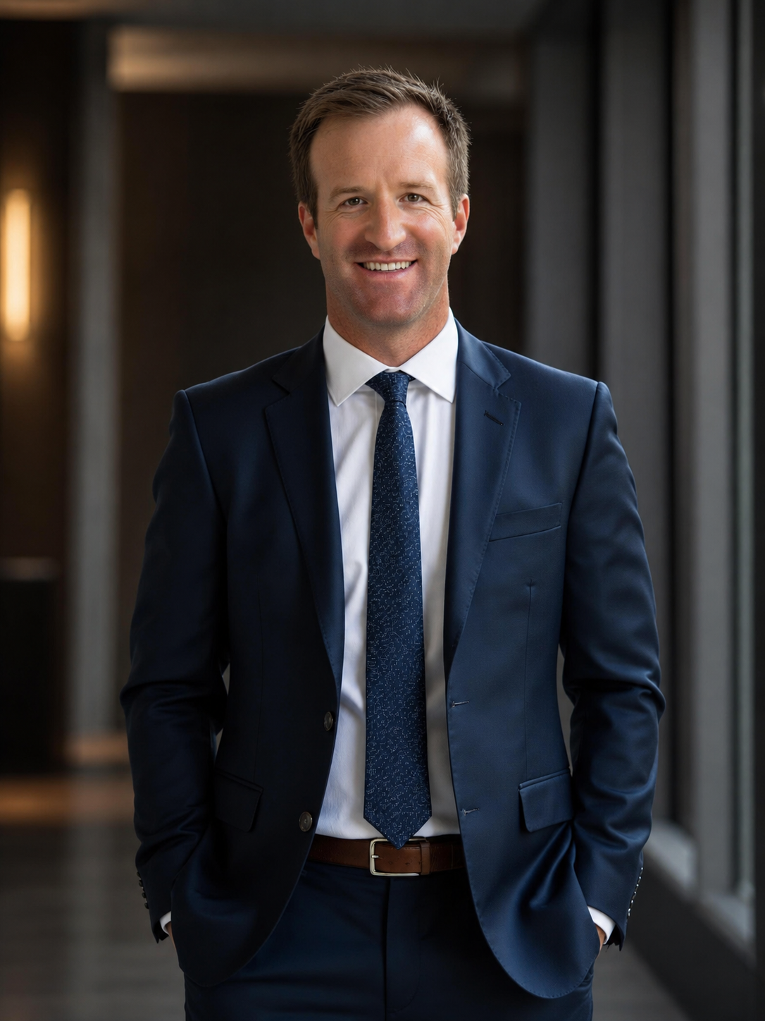 Jordan Mullins, Austin attorney, standing in a modern office hallway wearing a navy suit and blue tie.