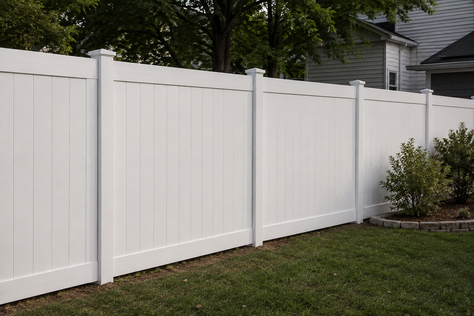 White vinyl privacy fence surrounding a backyard with grass, trees, and a house in the background.