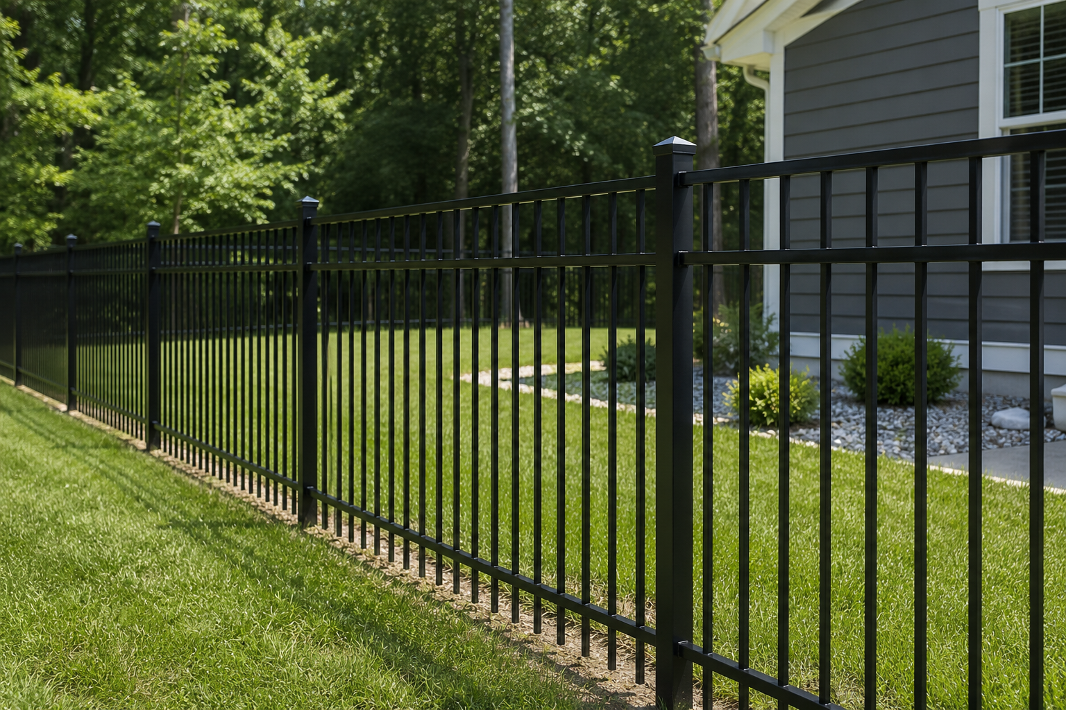Black aluminum fence installed along a house with green lawn and trees in background.