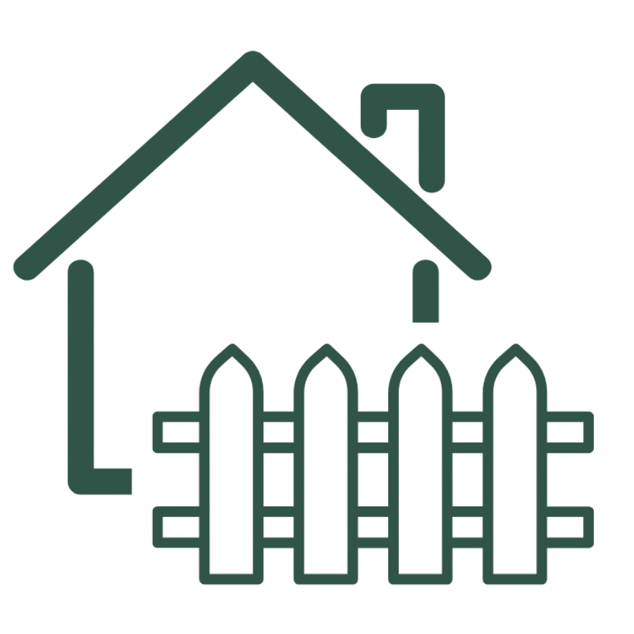An outline of a house with a chimney, a picket fence, and a tree branch above the house.