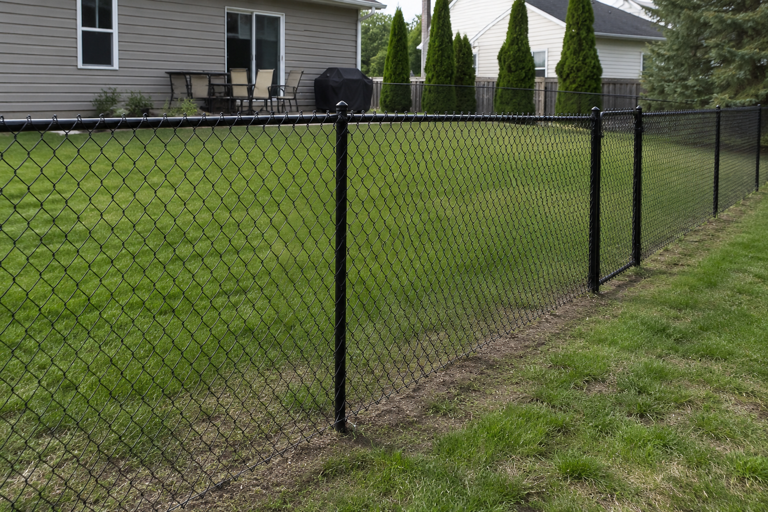 A backyard with a black chain-link fence, green grass, and a house with a patio, outdoor furniture, and a barbecue grill.