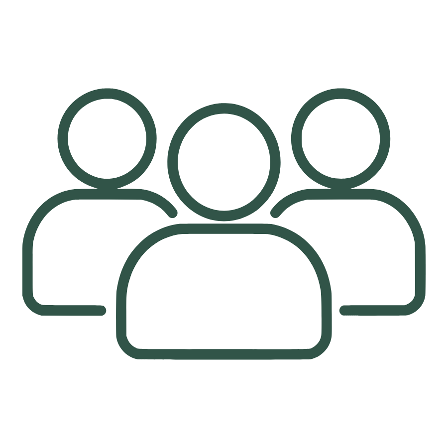 Outline illustration of three people standing together, representing a community or group.