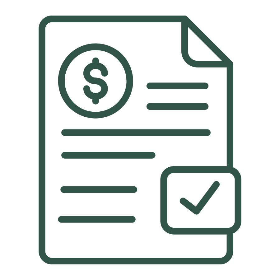 Document with a dollar sign icon, checkmark symbol, and lines of text.
