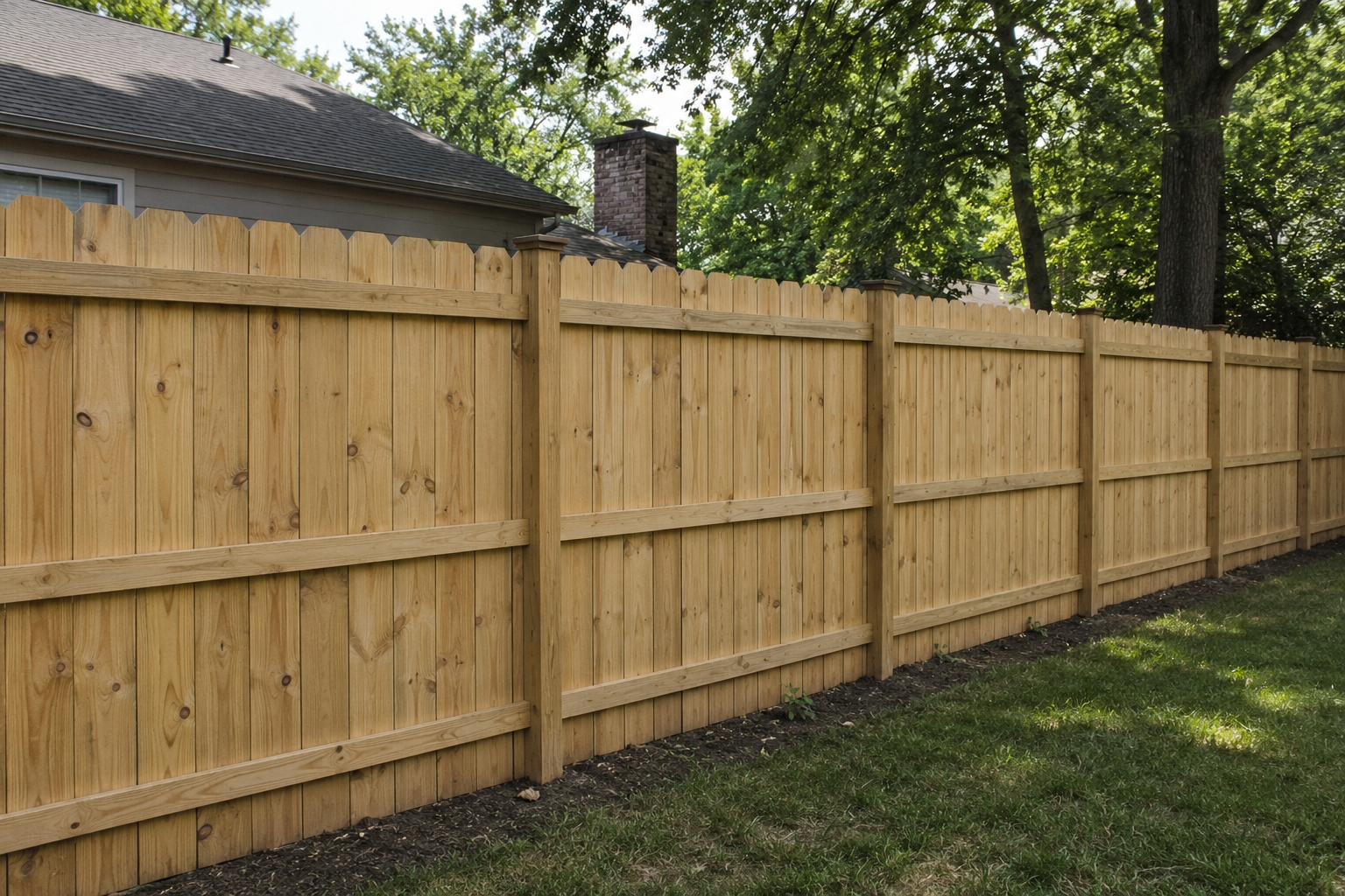 A freshly installed wooden privacy fence in a backyard, with a house and trees in the background.