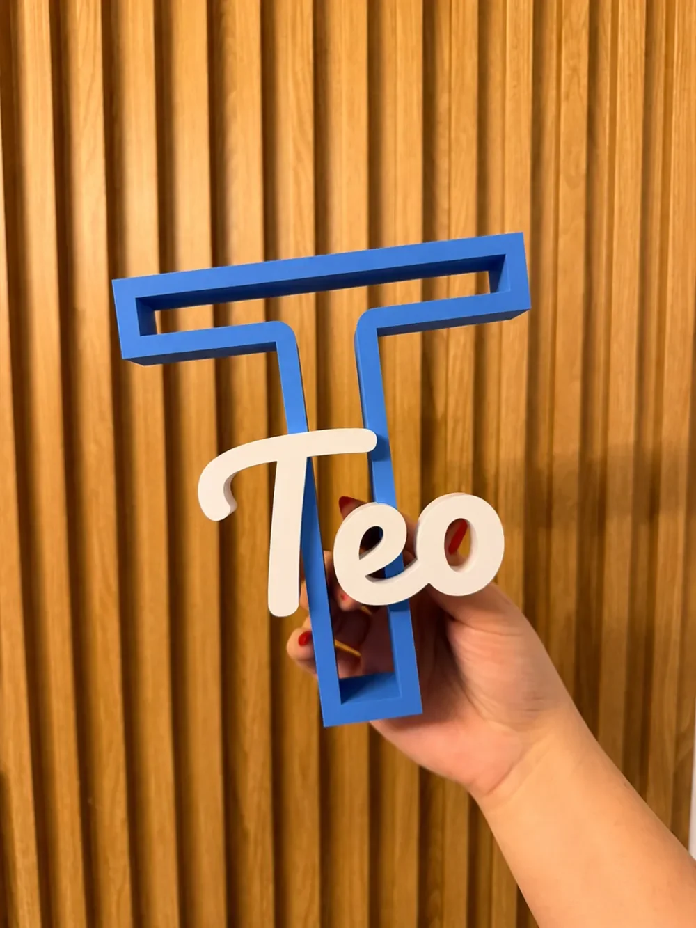 Person holding decorative sign with the word 'Téo' in white letters, with a wooden slatted wall in the background.