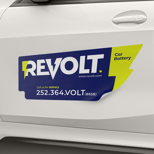 Revolt vehicle decal with the text 'Call us for delivery 252.364.VOLT (8658)' and a lightning bolt graphic.