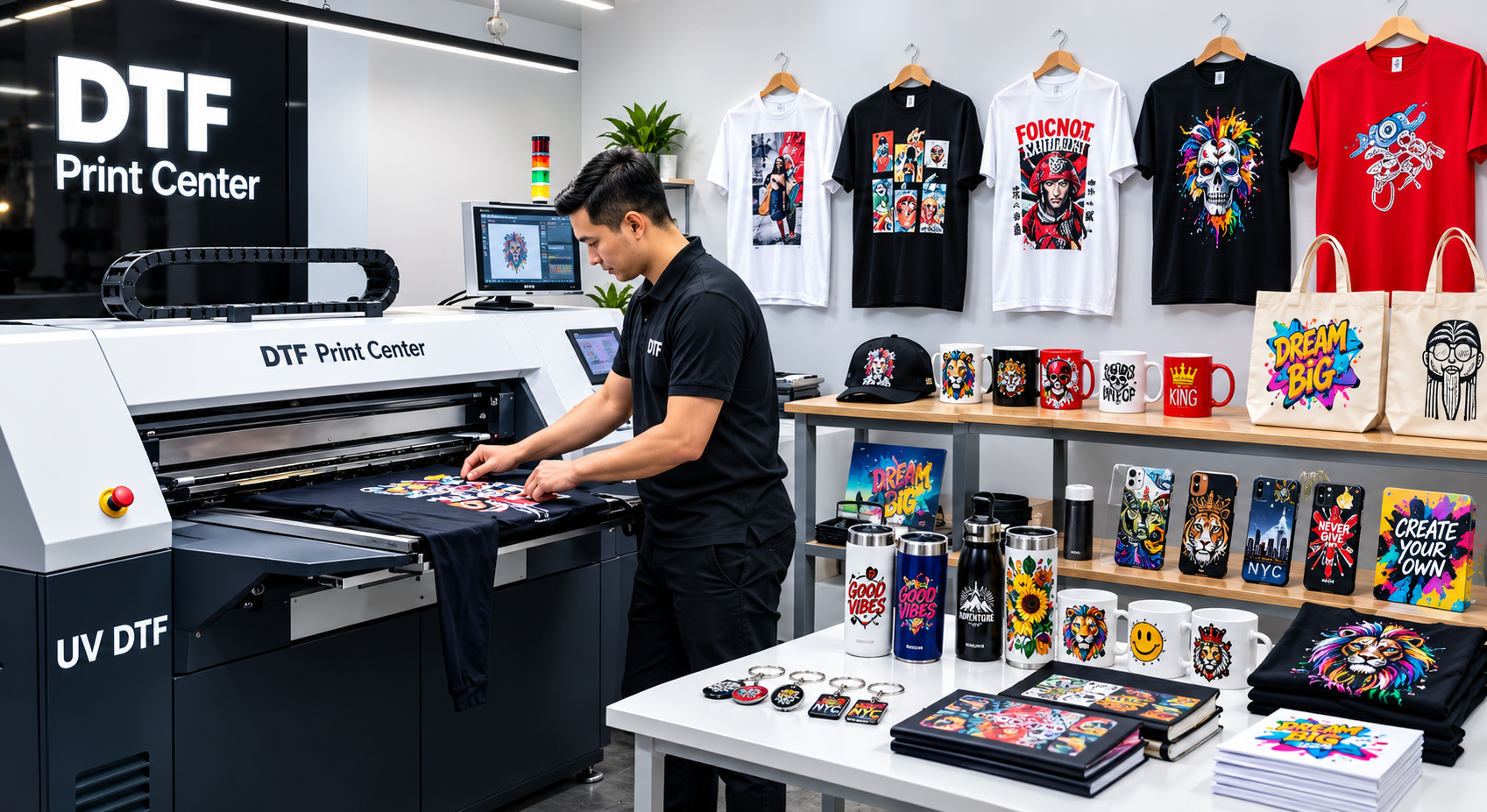 A man working at a UV print machine in a print shop named DTF Print Center. The shop has various colorful printed T-shirts, mugs, hats, phone cases, and tote bags on display, featuring vibrant graphic designs and slogans.