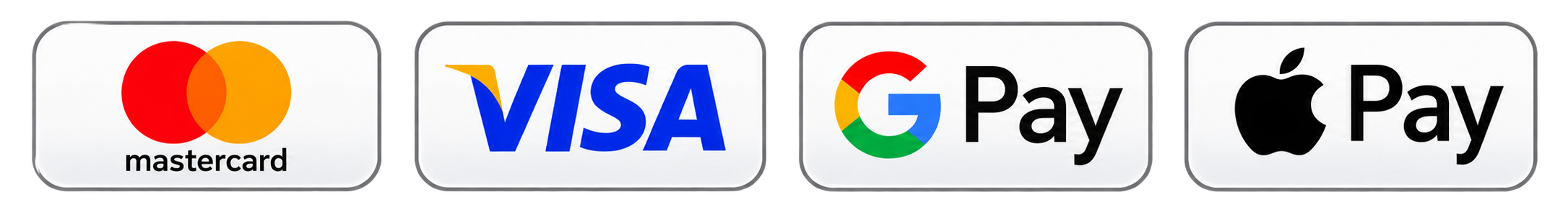 Icons of payment methods: Mastercard, Visa, Google Pay, and Apple Pay.