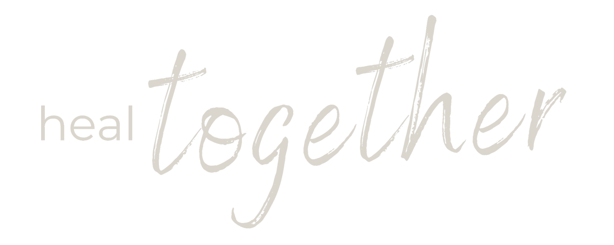 The image contains the words 'heal together' with 'heal' in lowercase and a simple font, and 'together' in a large, cursive, handwritten style font on a black background.