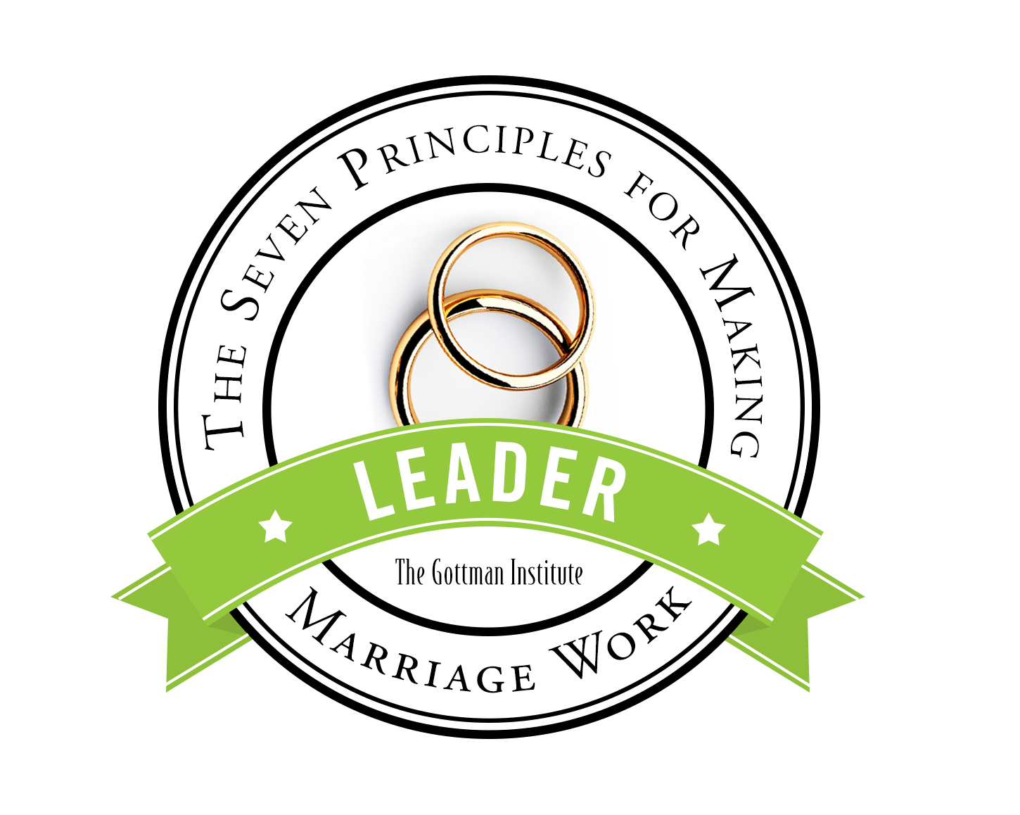 Medal with rings and a green banner reading 'Leader' for The Gottman Institute Marriage Work, symbolizing principles for making marriage work.