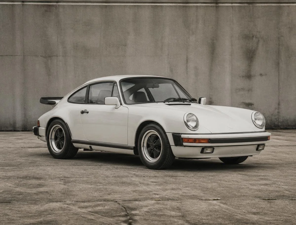 A classic white Porsche 911 sports car parked on a concrete surface against a plain concrete wall.