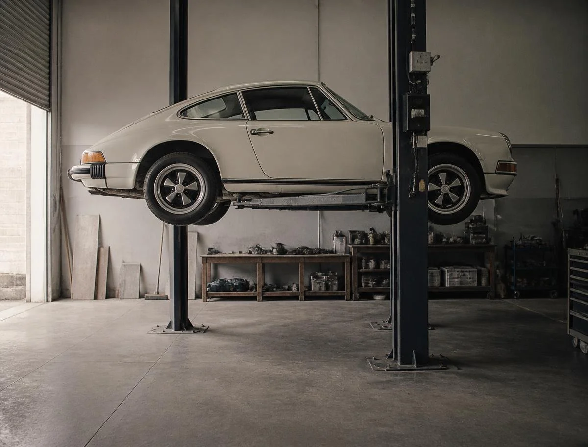 A vintage cream-colored Porsche 911 on a car lift in a garage.