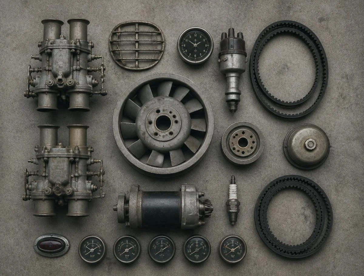 Various automotive parts including a carburetor, circular vents, a clock, a spark plug, belts, a fan, a motor, and gauges laid out on a gray surface.