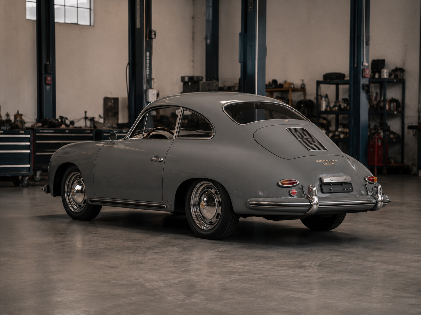 A vintage gray Porsche 356A sports car in a workshop with tools and equipment in the background.