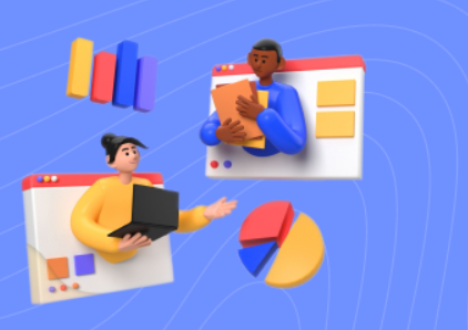 Two animated characters working with charts and a laptop, discussing data analysis.