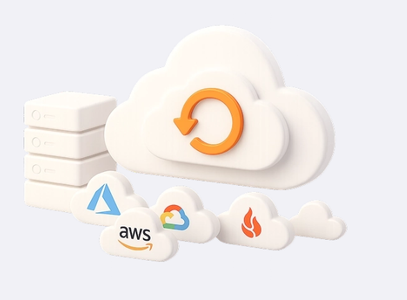 Cloud storage and cloud computing symbols representing data backup and cloud services from various providers.