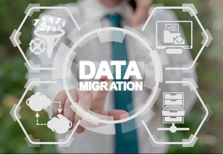 A person in a suit interacts with a digital infographic about data migration, featuring icons of clouds, servers, documents, and gears.