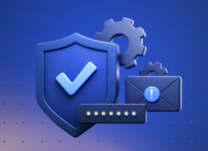 Digital security icons including a shield with a checkmark, gears, and an envelope with an exclamation mark, on a blue background.