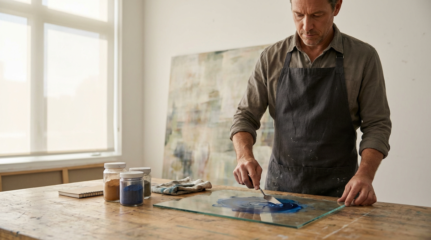 Un hombre trabaja en un taller de arte, mezclando pintura azul sobre una lámina de vidrio en una mesa de madera, con frascos de pigmentos a su lado.