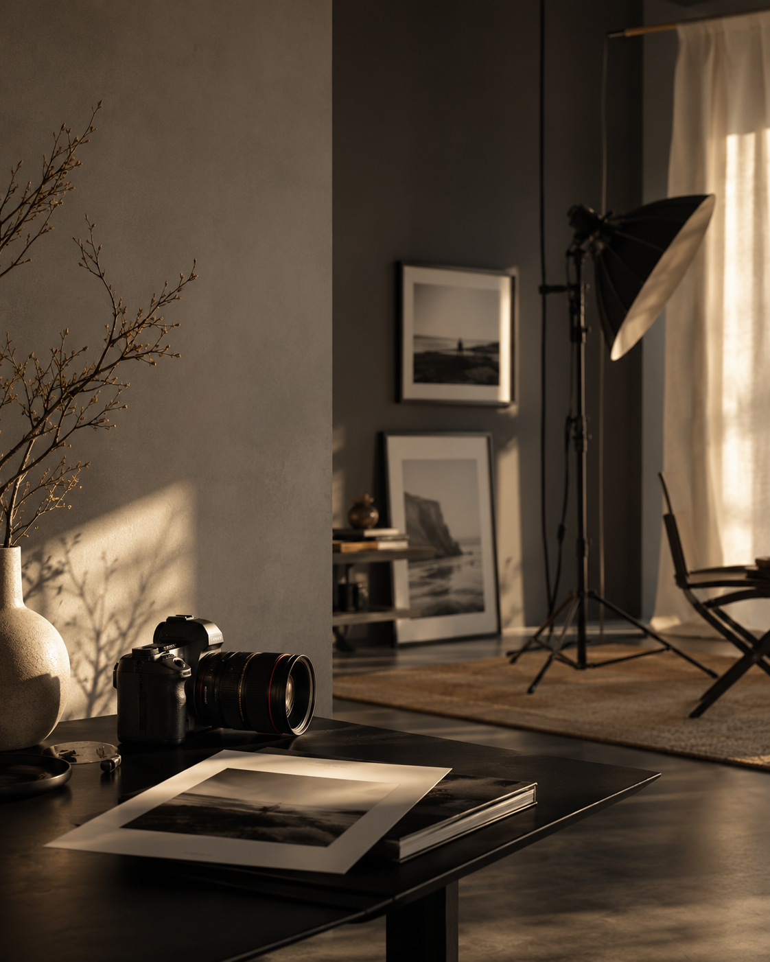 Estudio fotográfico con cámara, fotografías en la mesa, iluminación profesional y obras de arte en las paredes.