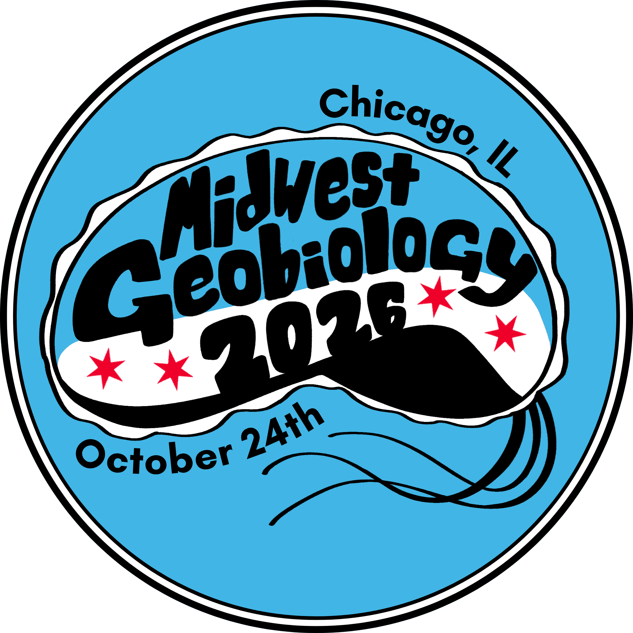 Blue circular sticker with black text reading 'Chicago, IL', 'October 24th', and some other faded text, featuring red star icons.