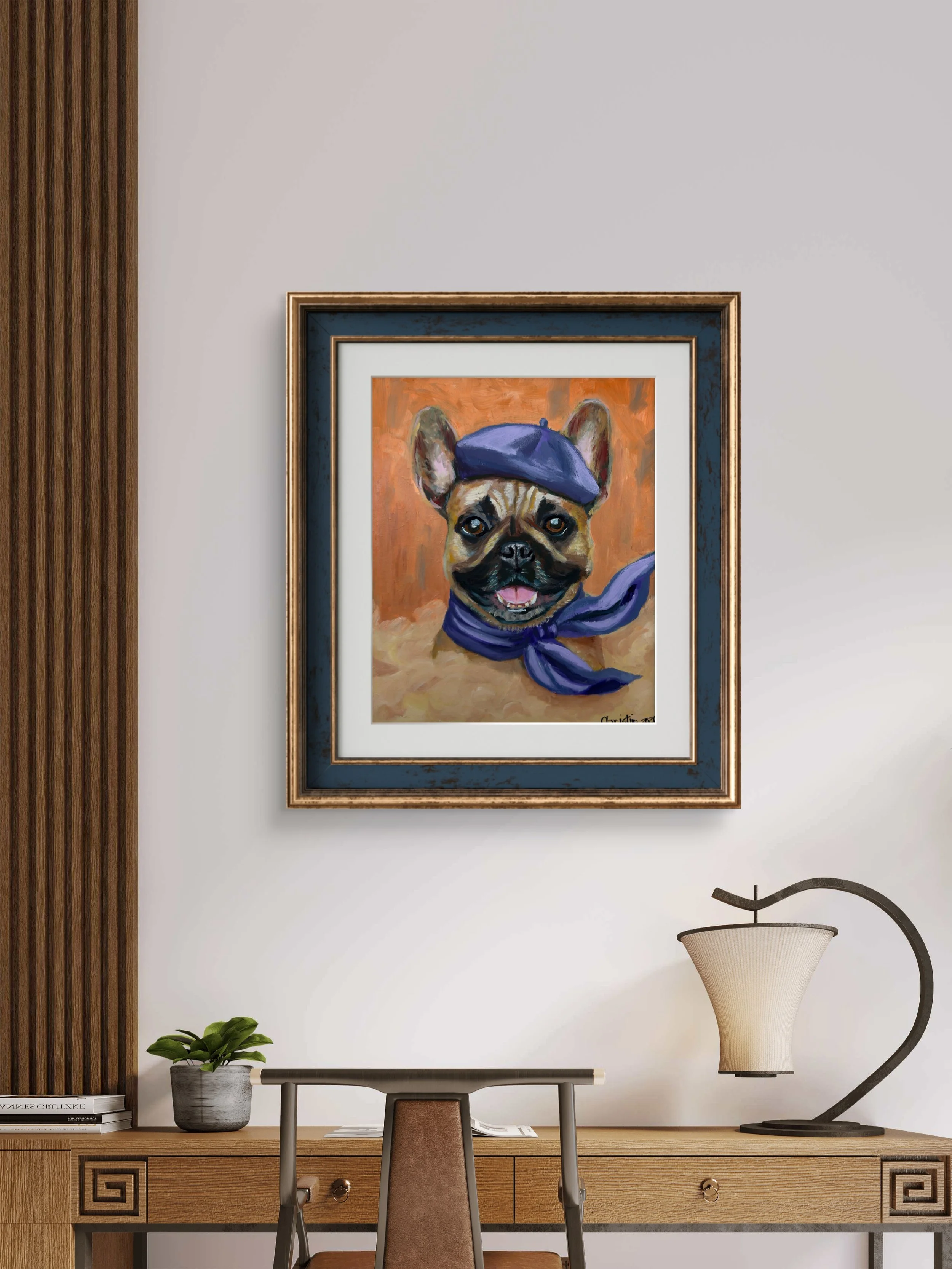 Original oil painting of a smiling fawn French Bulldog wearing a tilted purple beret and a matching purple scarf tied around its neck.