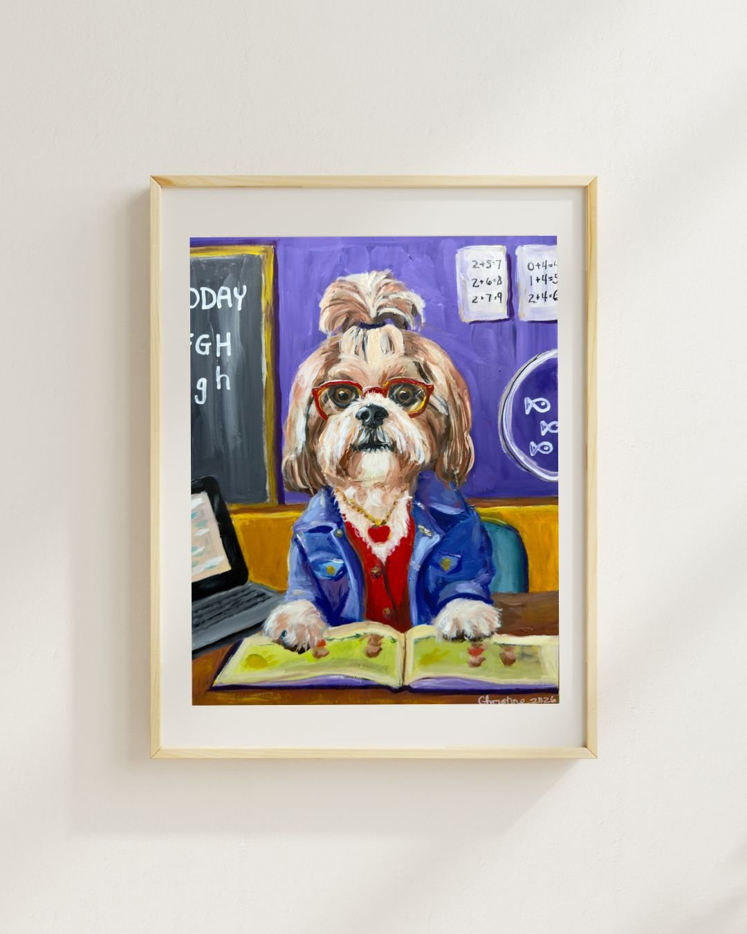 Original oil painting of a brown and white fluffy dog sitting at a wooden desk dressed as a teacher, wearing red glasses, a blue denim jacket, a red shirt, and a red apple necklace.