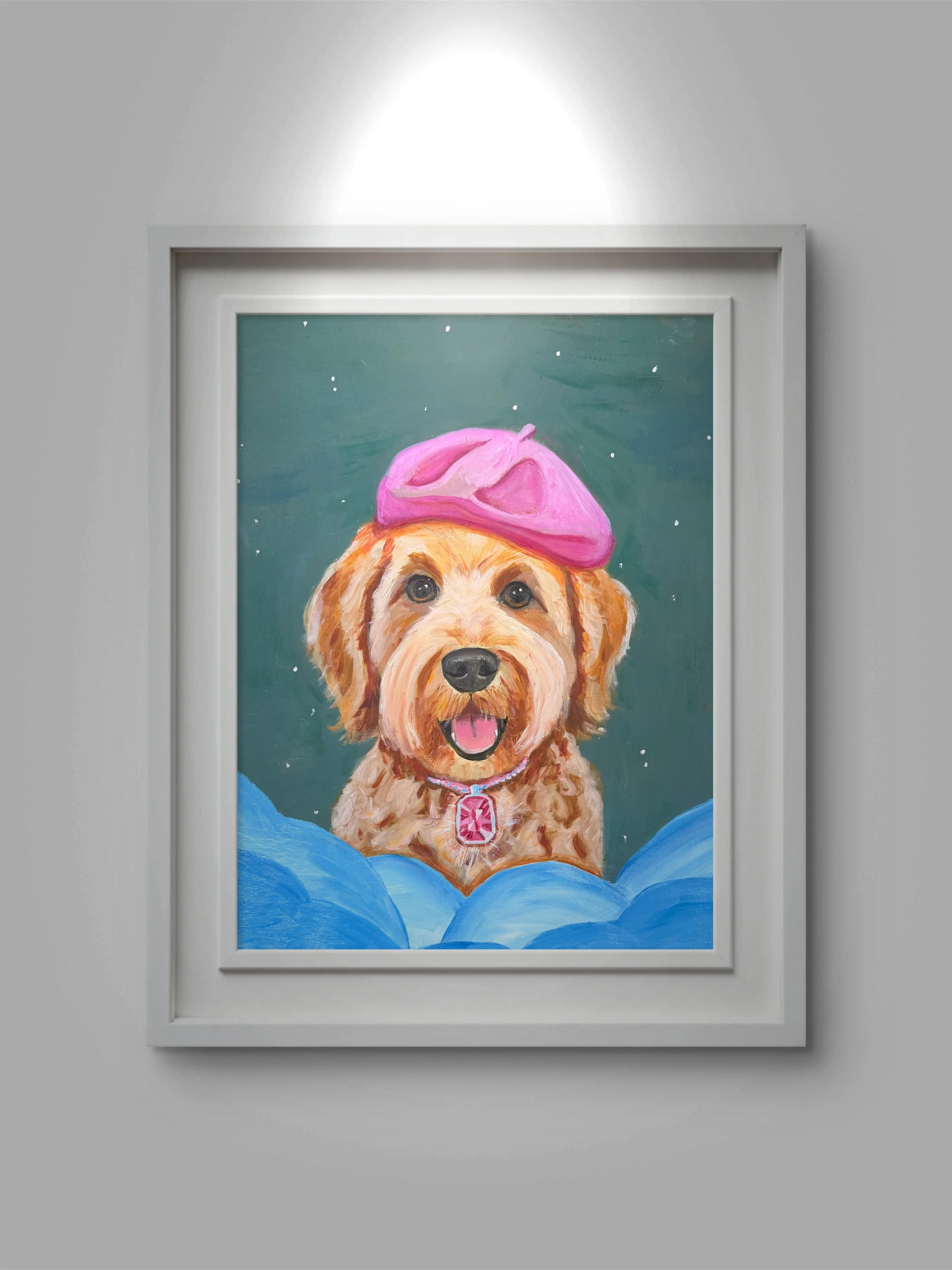 Original oil painting of a fluffy goldendoodle dog smiling with its tongue out, wearing a bright pink beret and a large pink gemstone collar