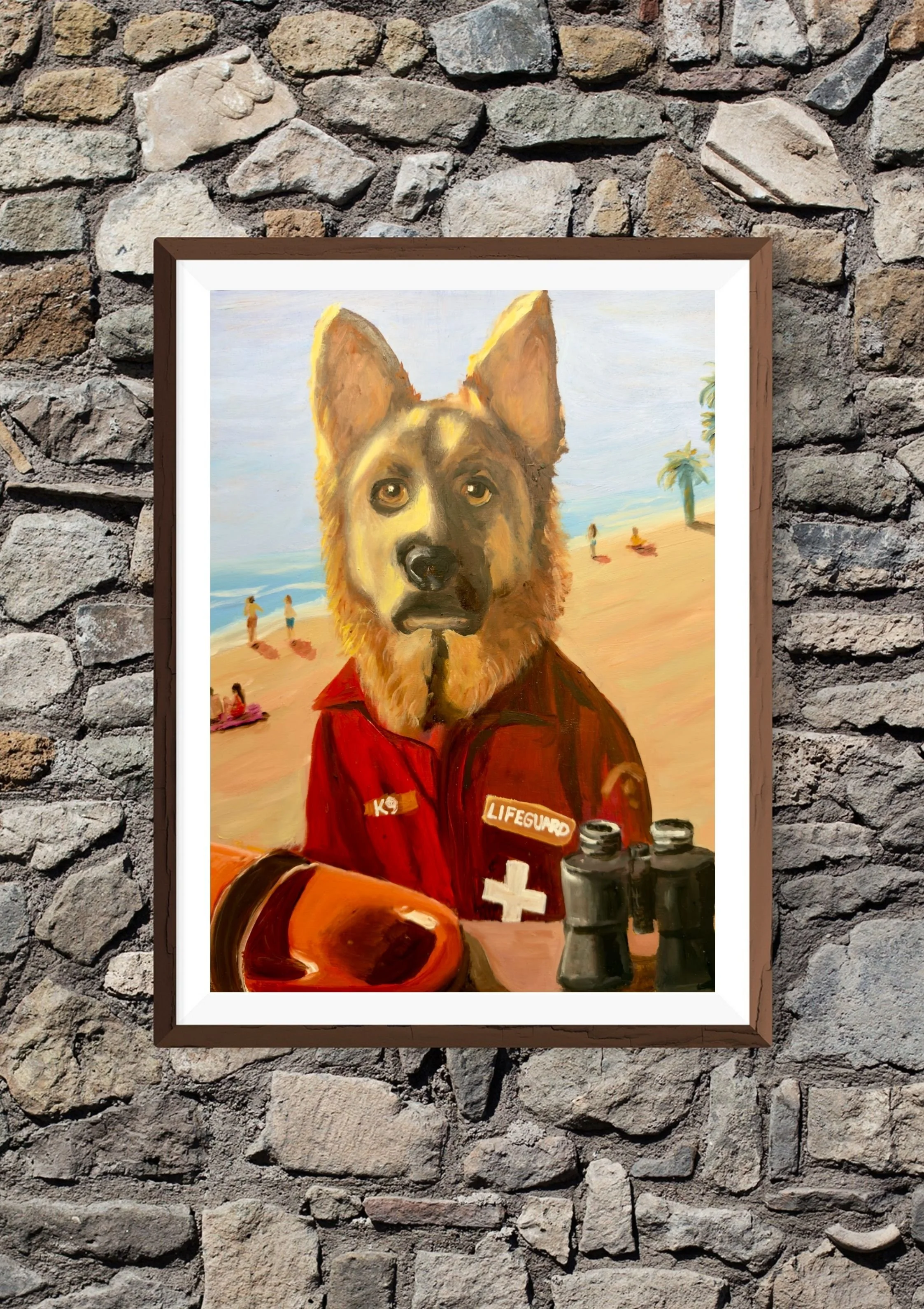 Original oil painting or prints of a German Shepherd dog dressed as a lifeguard on a sunny beach. The dog is wearing a red jacket with K9 and Lifeguard patches and a white cross.