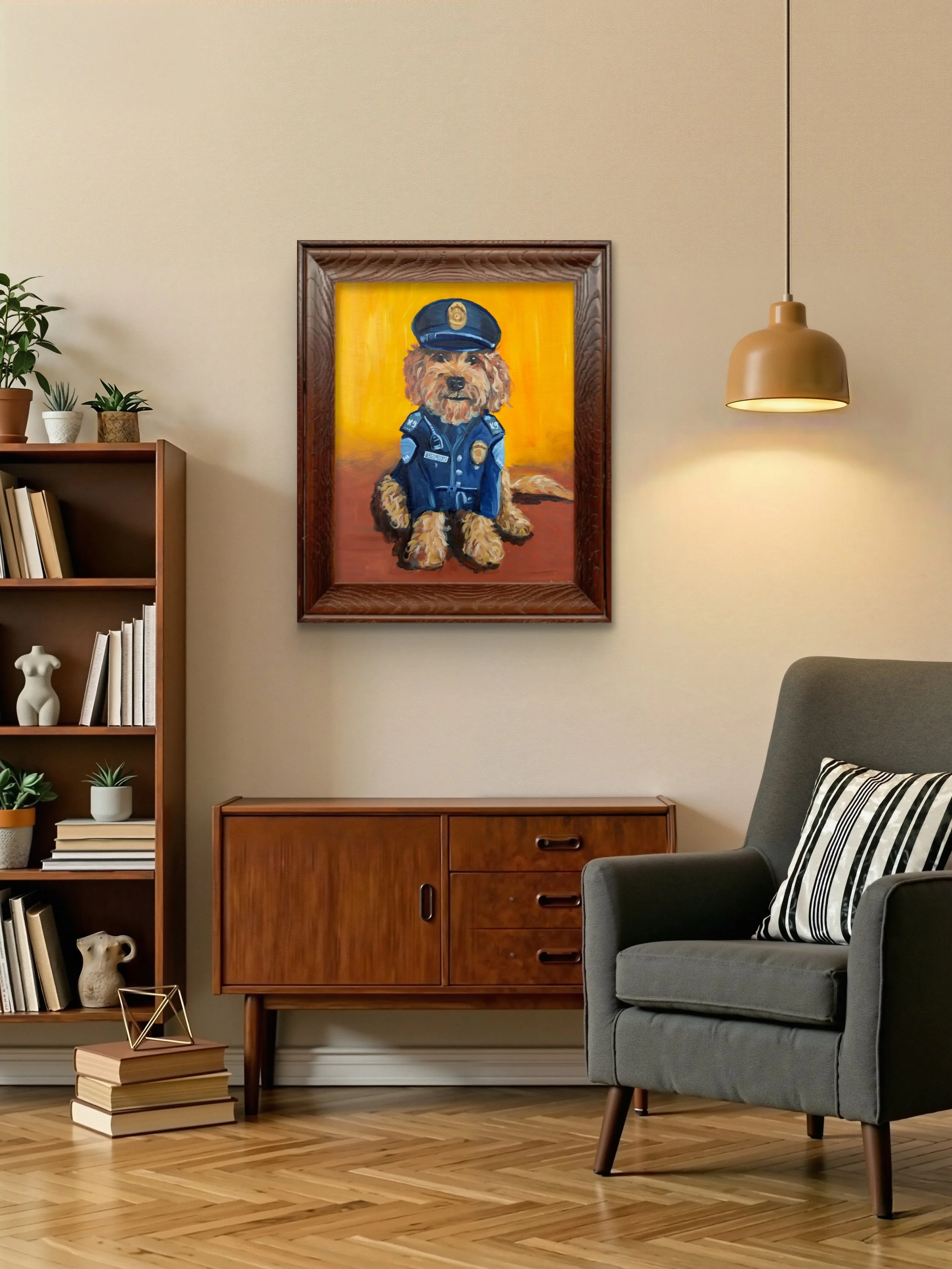 Original oil painting of a fluffy golden dog sitting and dressed as a police officer against a bright yellow and orange background. The