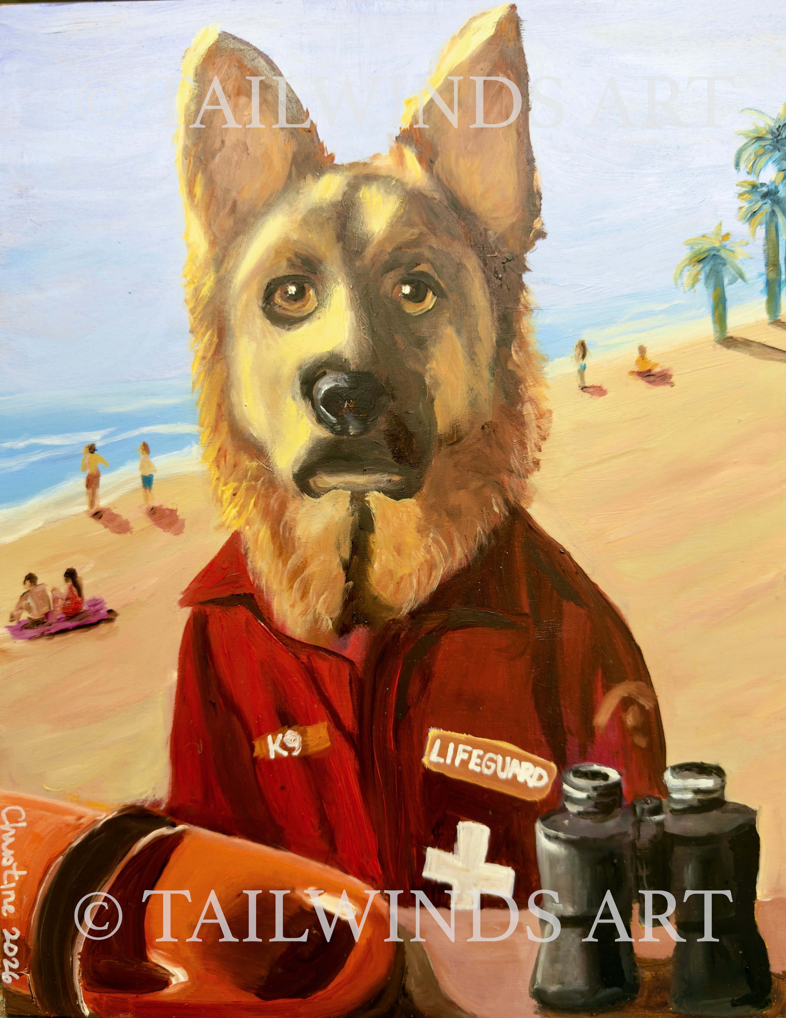 Original oil painting or prints of a German Shepherd dog dressed as a lifeguard on a sunny beach. The dog is wearing a red jacket with K9 and Lifeguard patches and a white cross.
